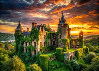 Fototapeta premium Majestic Abandoned Castle Surrounded by Lush Greenery and Mysterious Atmosphere at Dusk