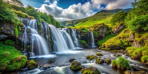 Obraz premium Majestic Aasleagh Waterfall Cascading Through Lush Greenery in County Mayo, Ireland's Scenic Landscape