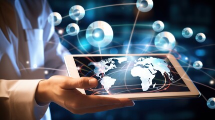 A futuristic healthcare concept with a hand holding a tablet displaying a global network, symbolizing worldwide medical connectivity and technology.