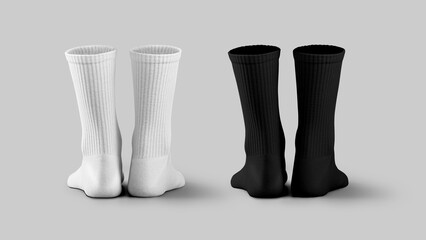 Mockup of white, black long socks, 3D rendering, back view, isolated on background with shadows. Set
