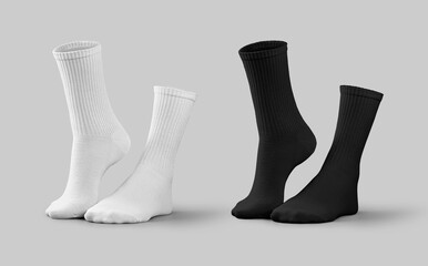 Template of white, black high socks, gaiters 3D rendering, one toe stretched, for design, print, pattern, branding, advertising.  Set