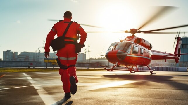 A paramedic in red rushing toward a helicopter under the vibrant sunlight, symbolizing urgency and readiness in emergency medical services.