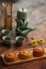 High angle view of homemade cakes on wooden board