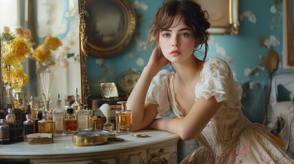 A young woman in a vintage dress, sitting at an old-fashioned vanity table