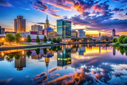 Majestic Allentown PA Skyline at Dusk with Vibrant Colors and Reflections on Calm Water Surface