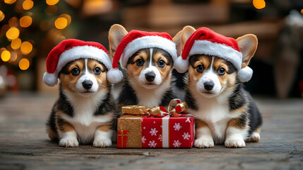 Three adorable corgi puppies wearing Santa hats with a Christmas gift.