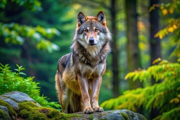 Obraz premium Majestic Alpha Male Wolf in the Forest Showcasing Strength and Leadership in Natural Habitat