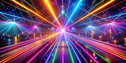 Obraz premium Dynamic 3D abstract background combined with vivid neon laser rays in ultraviolet shades, ideal for modern design projects seeking a striking and