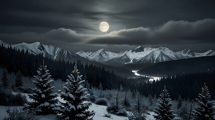 Winter Night With Full Moon and Snowy Peaks