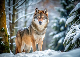 Obraz premium Majestic Alpha Wolf Stands Proudly in a Snowy Forest, Showcasing Strength and Wilderness Beauty