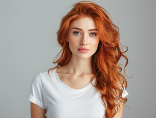 Fototapeta premium Friendly redhead person woman portrait. Beauty model with fashion make-up, long red hairstyle and beautiful face. Beauty salon, cosmetic, hair and skin care concept
