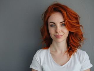 Fototapeta premium Smiling redhead person woman portrait. Beauty model with fashion make-up, long red hairstyle and beautiful face. Beauty salon, cosmetic, hair and skin care concept