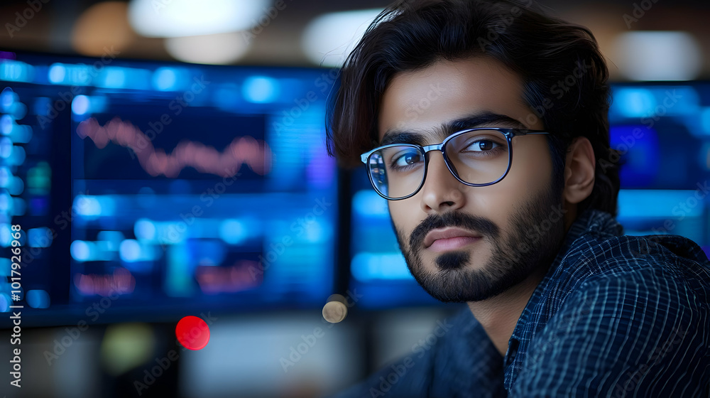 Sticker A focused individual in glasses amidst financial data screens.