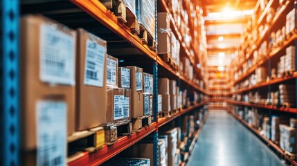 Organized Warehouse with Shelves of Cardboard Boxes