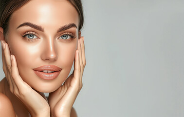 Gorgeous young woman face with fresh smooth skin close-up against studio wall background, fashion beauty portrait