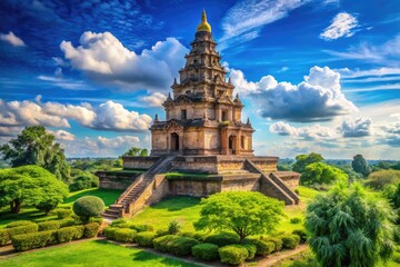 Fototapeta premium Majestic Ancient Monument Standing Tall Against Clear Blue Sky Surrounded by Lush Greenery and History