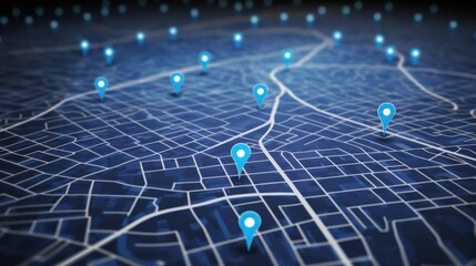 A digital map with multiple blue location pins, illustrating GPS technology and navigation, spreading across a grid-like layout.