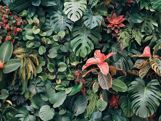 Vibrant Tropical Foliage Wall: Lush Green Leaves and Flowers