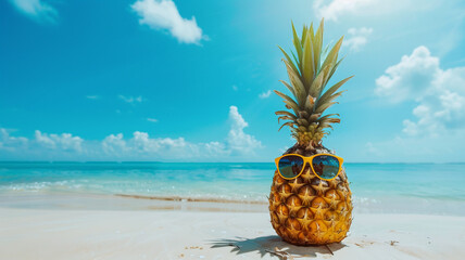A fun pineapple wearing sunglasses, set against a vibrant tropical beach background