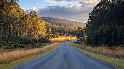 Fototapeta premium Winding Road Through Forest at Sunset.