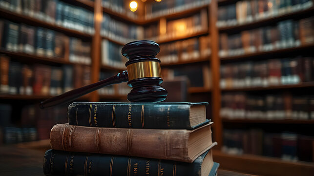 A gavel rests on stacked law books in a library setting. - Powered by Adobe