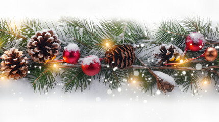 Colorful Christmas balls and lights in a row with pine cones and branches covered with snow and snowfall on abstract background in winter. Flat lay, top view, horizontal composition.