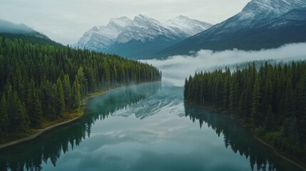  Canadian Rockies | a reflective, tranquil mountain lake surrounded by dense forests 
