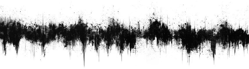 Black uneven lines with drips and splashes on white background creating dynamic grungy texture. Abstract ink splatter pattern resembling sound waves or audio frequencies