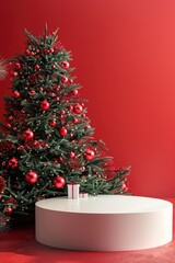 Festive Christmas Display with Red Decor, Wreath, and Holiday Trees