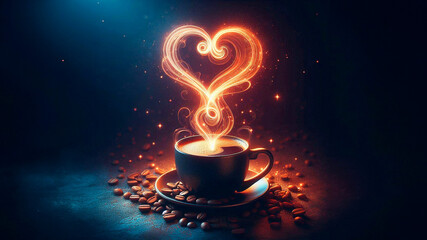 A mug with aromatic coffee, a bright glowing steam in the shape of a heart flows above the mug