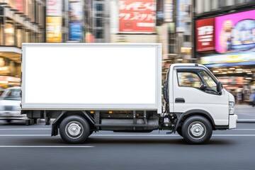 Small Delivery Truck with Blank Billboard, Urban Delivery Vehicle Mockup, City Logistics Background