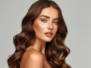 Naklejka premium Beautiful brunette model woman with long curly hair. Young adult woman with hairstyle wavy curls. Fashion, beauty and makeup concept