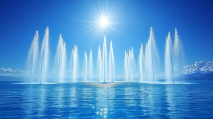 Water Fountains on a Sunny Day with Blue Sky and Lake