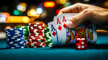 A hand holding playing cards with poker chips and a die.