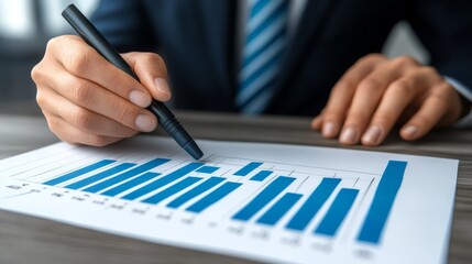 Businessman Analyzing Financial Data with Bar Graph and Pen