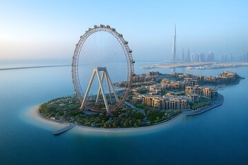 Fototapeta premium Bluewaters Island and Ain Dubai Ferris Wheel in Dubai Marina UAE Aerial Panoramic View,3D render