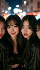Fototapeta premium Cute and stylish K-pop idols in the city at night