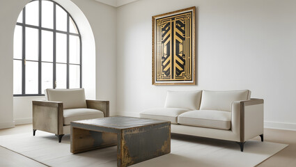 A vintage, weathered coffee table sits next to a white sofa by an arched window, with a large art poster framed on a white wall. The living room features a minimalist, art deco-inspired design