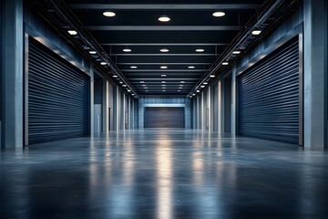 Roller Shutter of Industrial Building Interior with Polished Concrete Floor