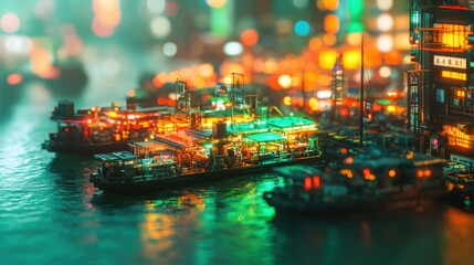 Obraz premium miniature cyberpunk Hong Kong photo. Floating market stalls and glowing hoverboats fill the harbor