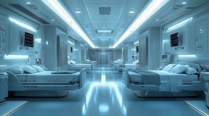 Modern hospital corridor with multiple patient rooms and beds.