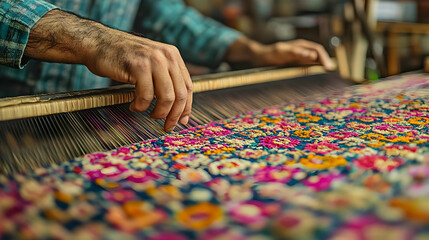 Close up of hands weaving a colorful fabric.