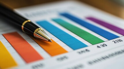 A black pen rests next to a bar chart with various colorful bars on a financial document, highlighting concepts of analysis, growth, and data presentation.
