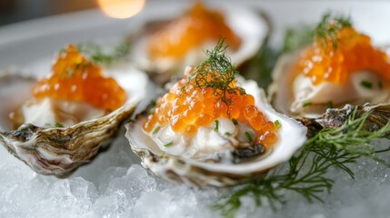 A gourmet culinary delight featuring fresh oysters served on ice, topped generously with salmon roe, elegantly garnished with fresh herbs, crafted for an exquisite taste.
