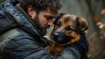 Man Holding Dog Close  Affectionate Pet Owner  Loyal Companion