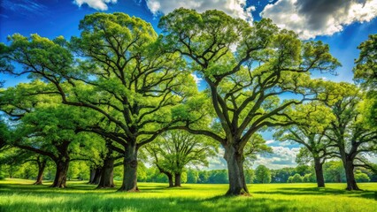 Obraz premium Majestic Black Oak Trees Standing Tall in a Lush Green Forest Under a Clear Blue Sky