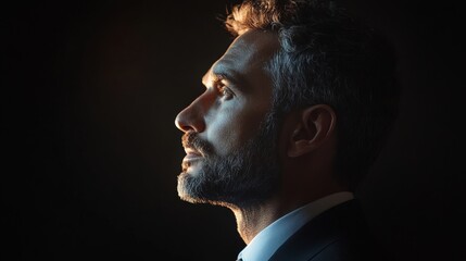 Profile portrait of a contemplative man with a beard, dressed in a suit, highlighted dramatically by side lighting against a dark studio backdrop.