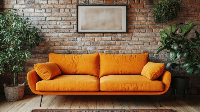 A cozy orange sofa set against a rustic brick wall, adorned with potted plants, creating a warm and inviting living space that exudes comfort and style.