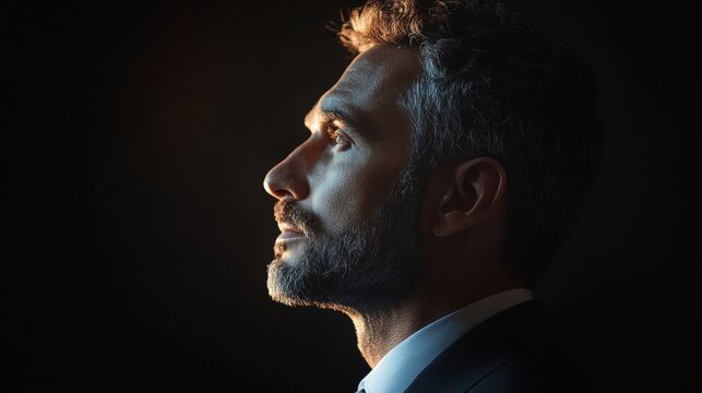 Profile portrait of a contemplative man with a beard, dressed in a suit, highlighted dramatically by side lighting against a dark studio backdrop.