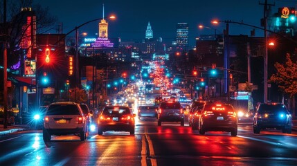 Nighttime Cityscape with Traffic Lights and Cars